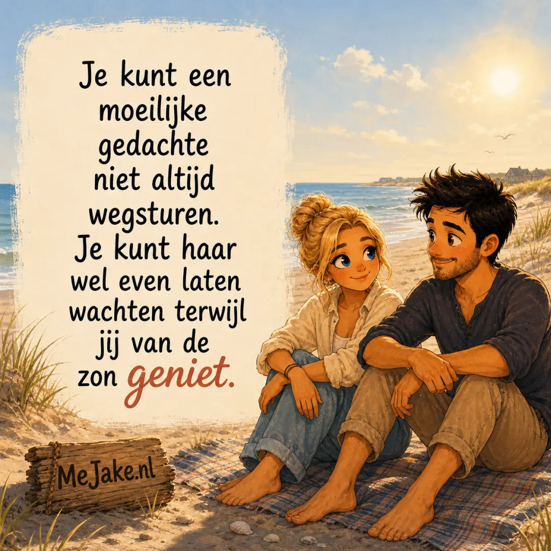 Illustratie bij de quote: Je kunt een moeilijke gedachte niet altijd wegsturen. Je kunt haar wel even laten wachten terwijl jij van de zon geniet.
