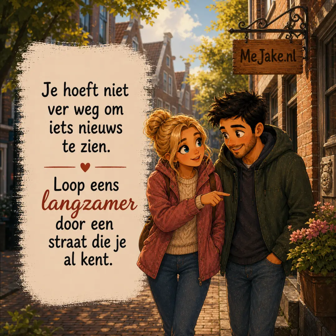 Illustratie bij de quote: Je hoeft niet ver weg om iets nieuws te zien. Loop eens langzamer door een straat die je al kent.