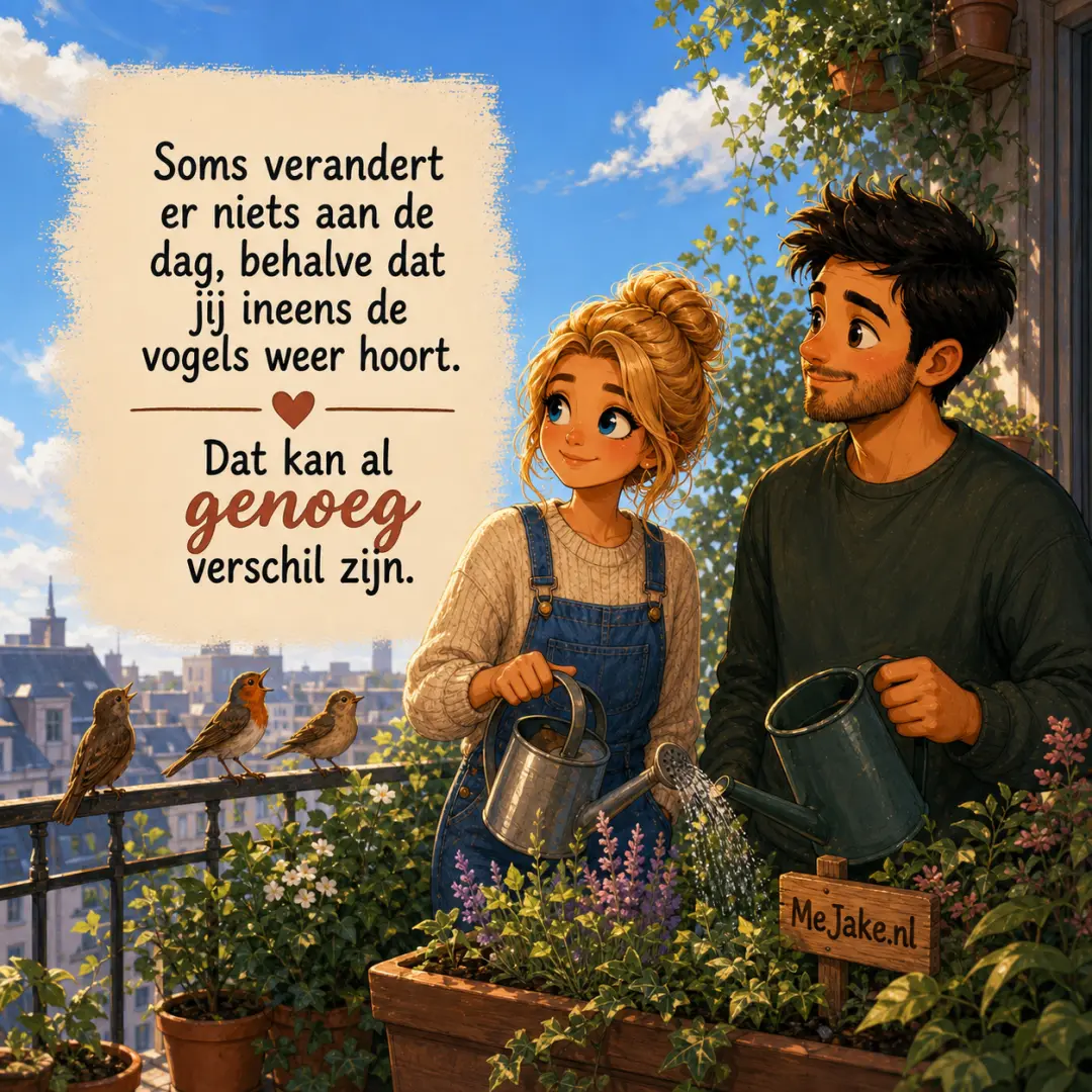Illustratie bij de quote: Soms verandert er niets aan de dag, behalve dat jij ineens de vogels weer hoort. Dat kan al genoeg verschil zijn.