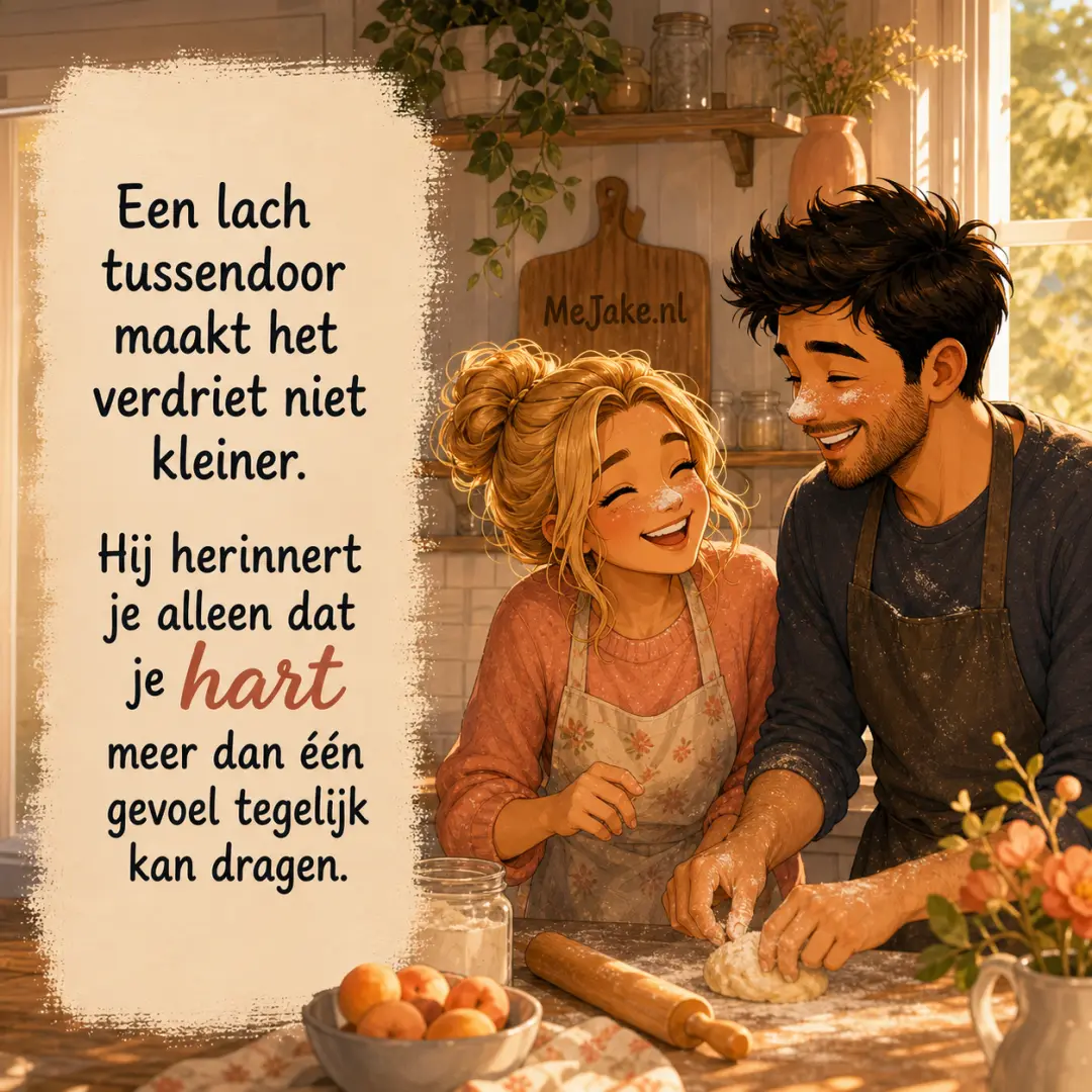 Illustratie bij de quote: Een lach tussendoor maakt het verdriet niet kleiner. Hij herinnert je alleen dat je hart meer dan één gevoel tegelijk kan dragen.