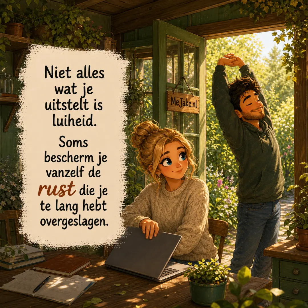 Illustratie bij de quote: Niet alles wat je uitstelt is luiheid. Soms bescherm je vanzelf de rust die je te lang hebt overgeslagen.