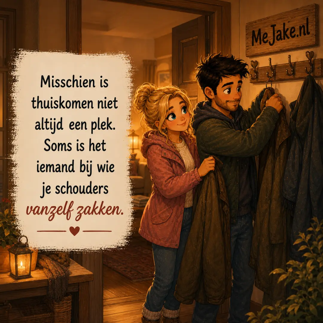 Illustratie bij de quote: Misschien is thuiskomen niet altijd een plek. Soms is het iemand bij wie je schouders vanzelf zakken.