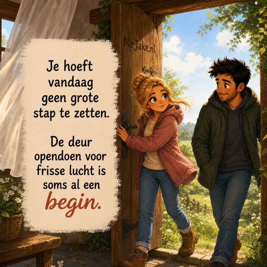 Illustratie bij de quote: Je hoeft vandaag geen grote stap te zetten. De deur opendoen voor frisse lucht is soms al een begin.