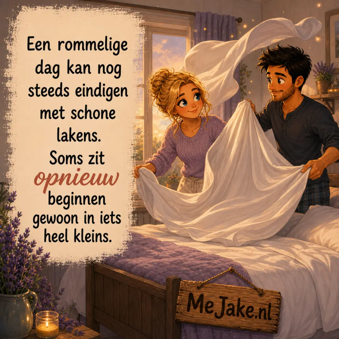 Illustratie bij de quote: Een rommelige dag kan nog steeds eindigen met schone lakens. Soms zit opnieuw beginnen gewoon in iets heel kleins.