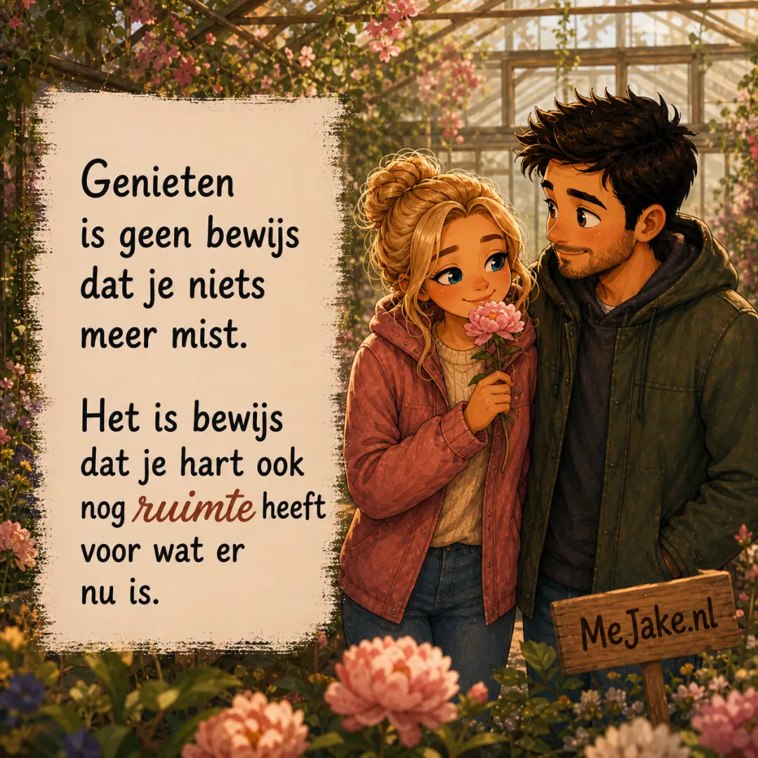 Illustratie bij de quote: Genieten is geen bewijs dat je niets meer mist. Het is bewijs dat je hart ook nog ruimte heeft voor wat er nu is.