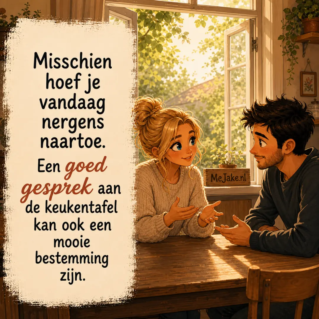 Illustratie bij de quote: Misschien hoef je vandaag nergens naartoe. Een goed gesprek aan de keukentafel kan ook een mooie bestemming zijn.