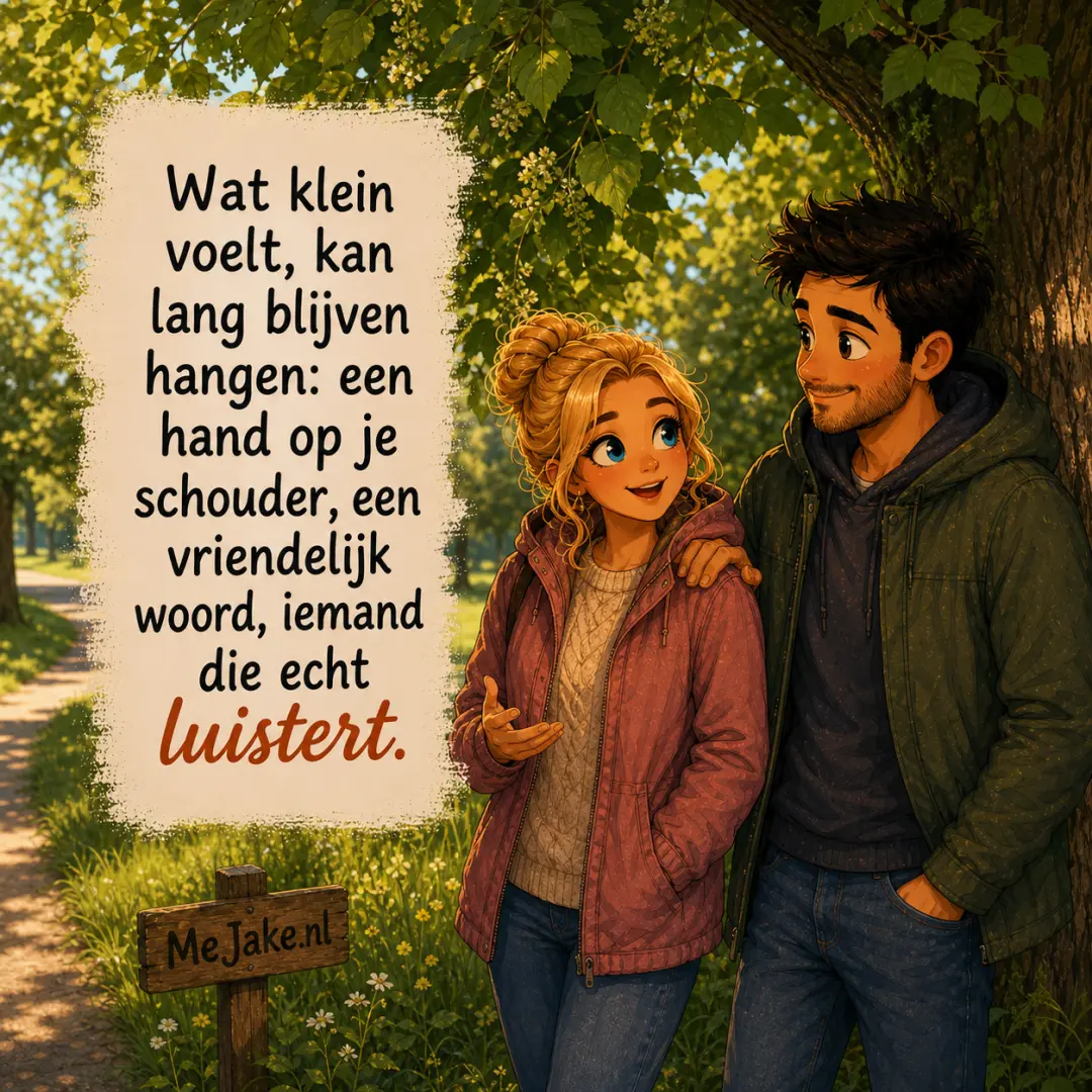 Illustratie bij de quote: Wat klein voelt, kan lang blijven hangen: een hand op je schouder, een vriendelijk woord, iemand die echt luistert.