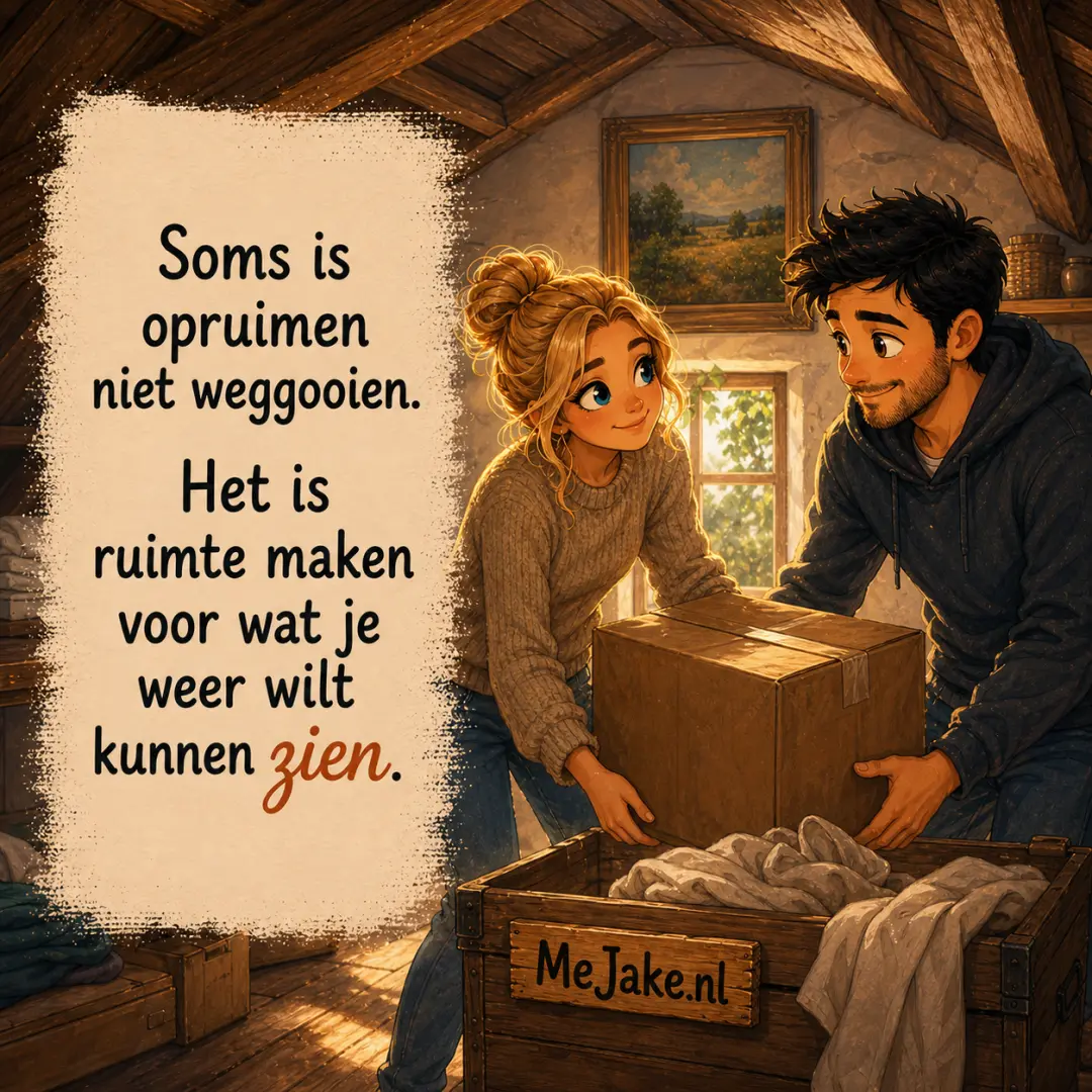 Illustratie bij de quote: Soms is opruimen niet weggooien. Het is ruimte maken voor wat je weer wilt kunnen zien.