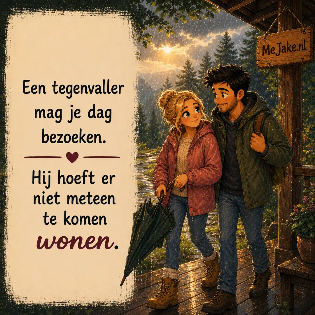 Illustratie bij de quote: Een tegenvaller mag je dag bezoeken. Hij hoeft er niet meteen te komen wonen.