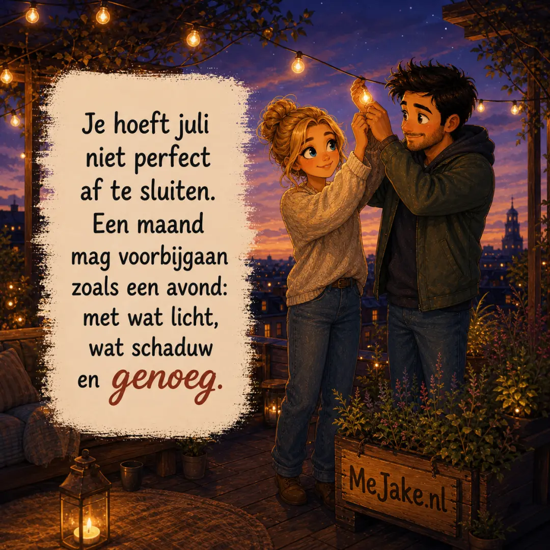 Illustratie bij de quote: Je hoeft juli niet perfect af te sluiten. Een maand mag voorbijgaan zoals een avond: met wat licht, wat schaduw en genoeg.