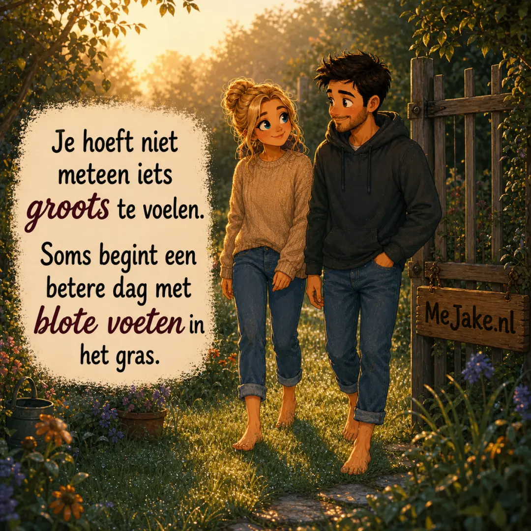 Illustratie bij de quote: Je hoeft niet meteen iets groots te voelen. Soms begint een betere dag met blote voeten in het gras.