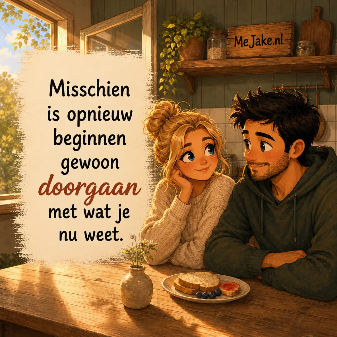 Illustratie bij de quote: Misschien is opnieuw beginnen gewoon doorgaan met wat je nu weet.
