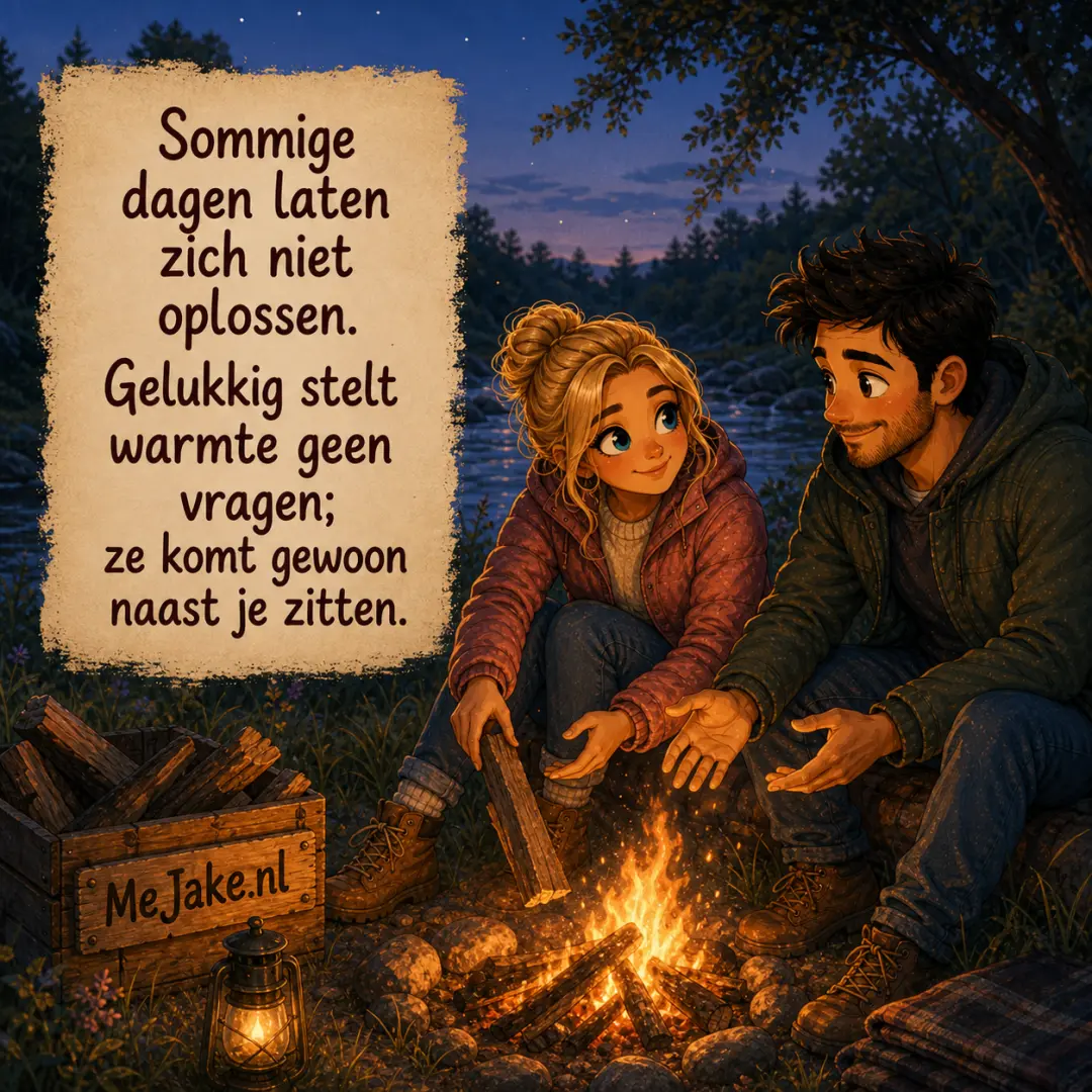 Illustratie bij de quote: Sommige dagen laten zich niet oplossen. Gelukkig stelt warmte geen vragen; ze komt gewoon naast je zitten.
