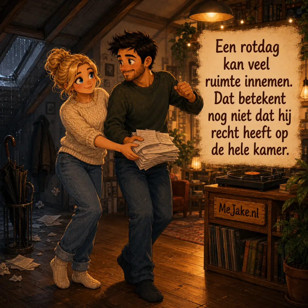 Illustratie bij de quote: Een rotdag kan veel ruimte innemen. Dat betekent nog niet dat hij recht heeft op de hele kamer.