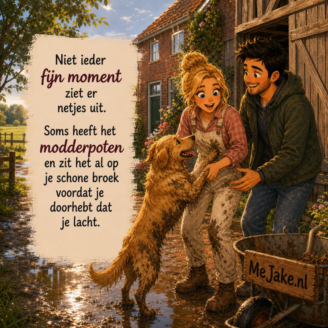Illustratie bij de quote: Niet ieder fijn moment ziet er netjes uit. Soms heeft het modderpoten en zit het al op je schone broek voordat je doorhebt dat je lacht.