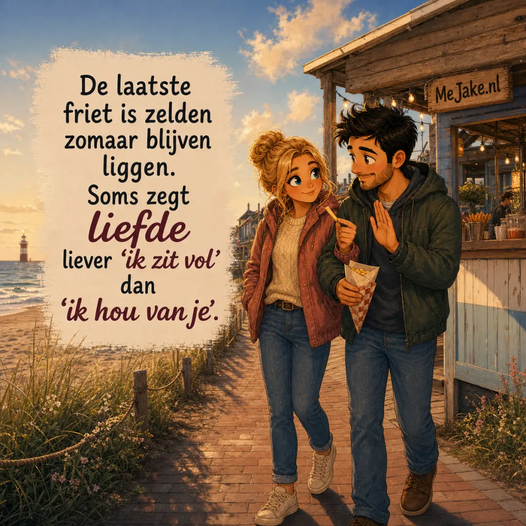 Illustratie bij de quote: De laatste friet is zelden zomaar blijven liggen. Soms zegt liefde liever ‘ik zit vol’ dan ‘ik hou van je’.
