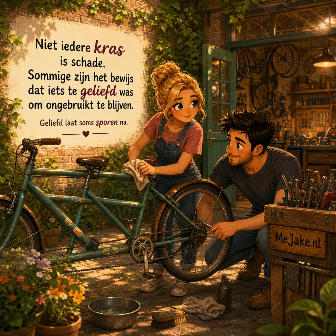 Illustratie bij de quote: Niet iedere kras is schade. Sommige zijn het bewijs dat iets te geliefd was om ongebruikt te blijven.