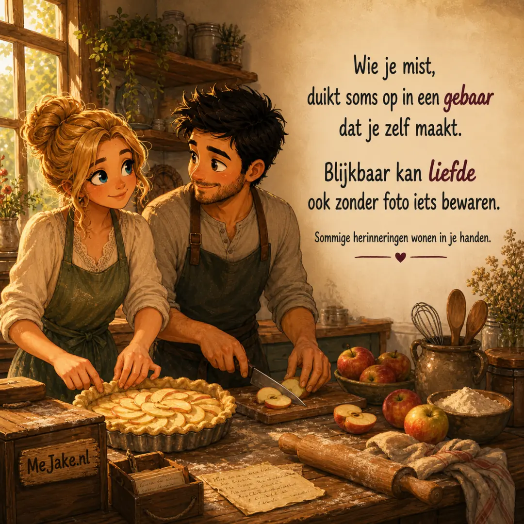 Illustratie bij de quote: Wie je mist, duikt soms op in een gebaar dat je zelf maakt. Blijkbaar kan liefde ook zonder foto iets bewaren.