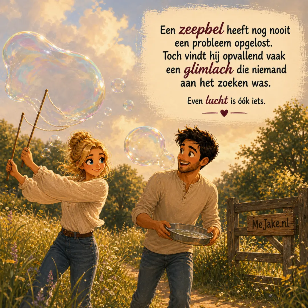 Illustratie bij de quote: Een zeepbel heeft nog nooit een probleem opgelost. Toch vindt hij opvallend vaak een glimlach die niemand aan het zoeken was.