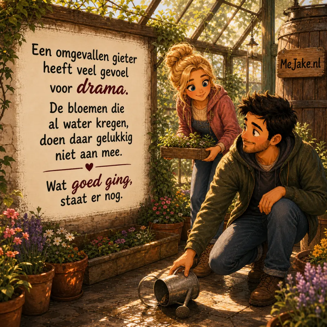 Illustratie bij de quote: Een omgevallen gieter heeft veel gevoel voor drama. De bloemen die al water kregen, doen daar gelukkig niet aan mee.