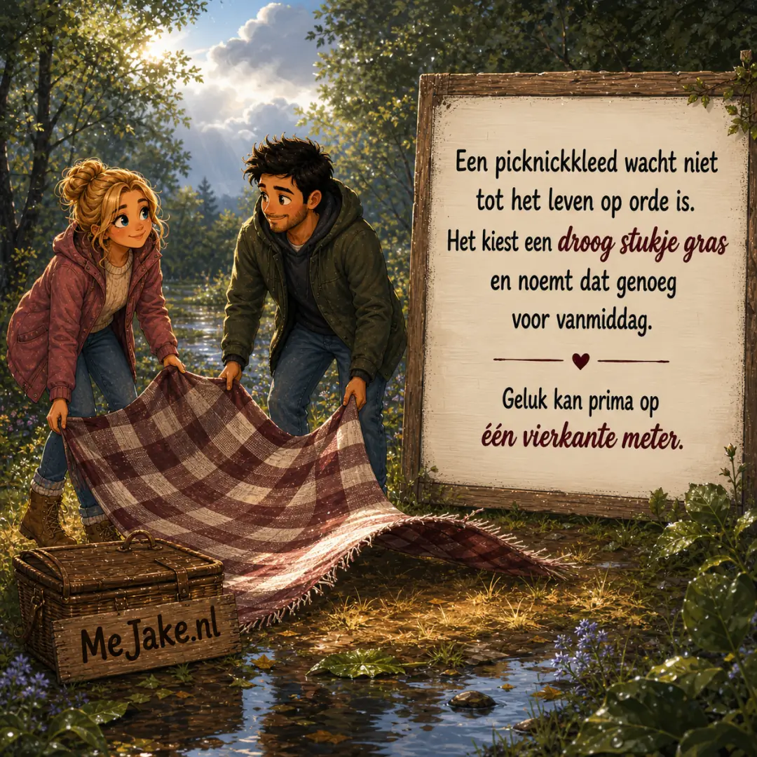 Illustratie bij de quote: Een picknickkleed wacht niet tot het leven op orde is. Het kiest een droog stukje gras en noemt dat genoeg voor vanmiddag.