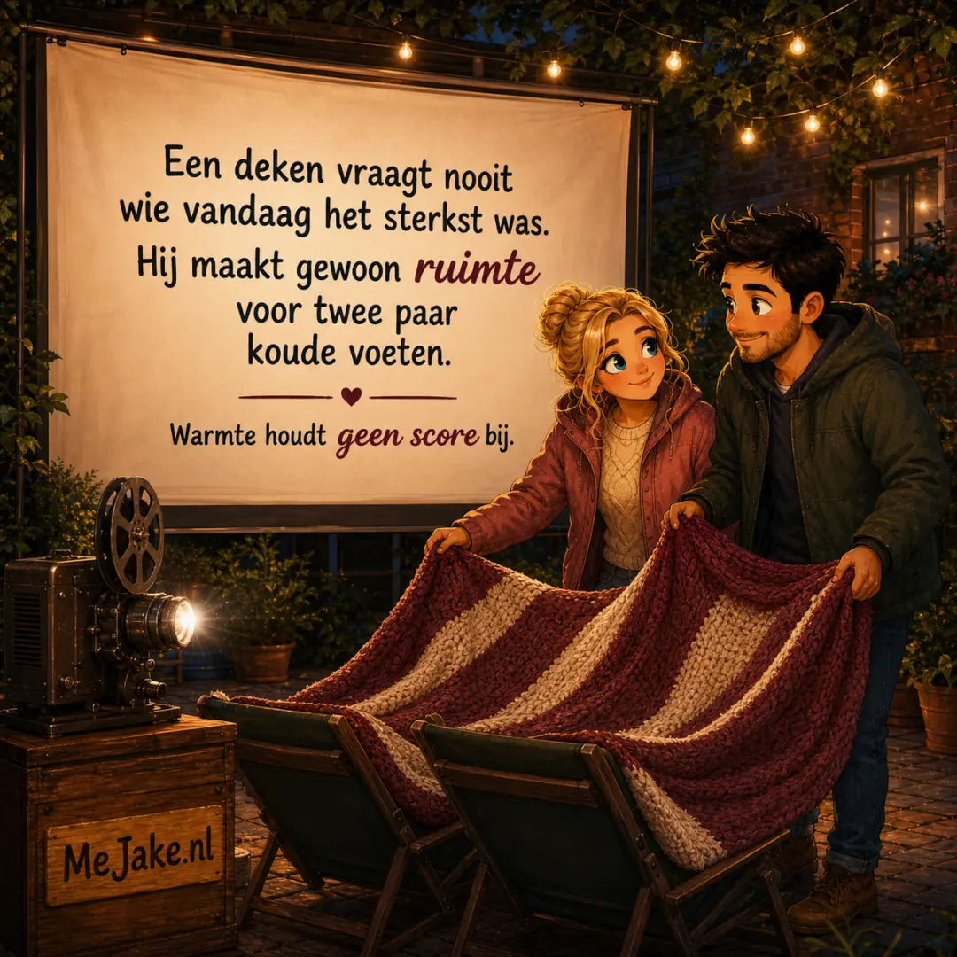 Illustratie bij de quote: Een deken vraagt nooit wie vandaag het sterkst was. Hij maakt gewoon ruimte voor twee paar koude voeten.