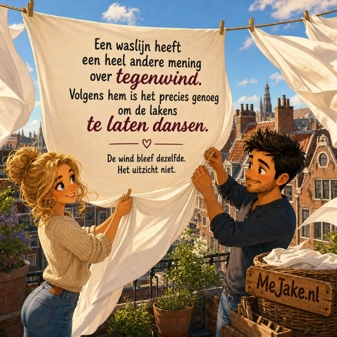 Illustratie bij de quote: Een waslijn heeft een heel andere mening over tegenwind. Volgens hem is het precies genoeg om de lakens te laten dansen.