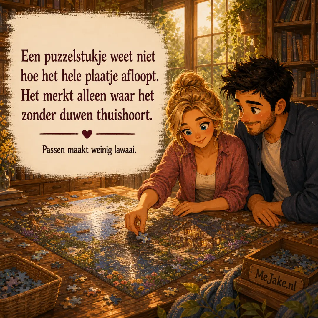 Illustratie bij de quote: Een puzzelstukje weet niet hoe het hele plaatje afloopt. Het merkt alleen waar het zonder duwen thuishoort.