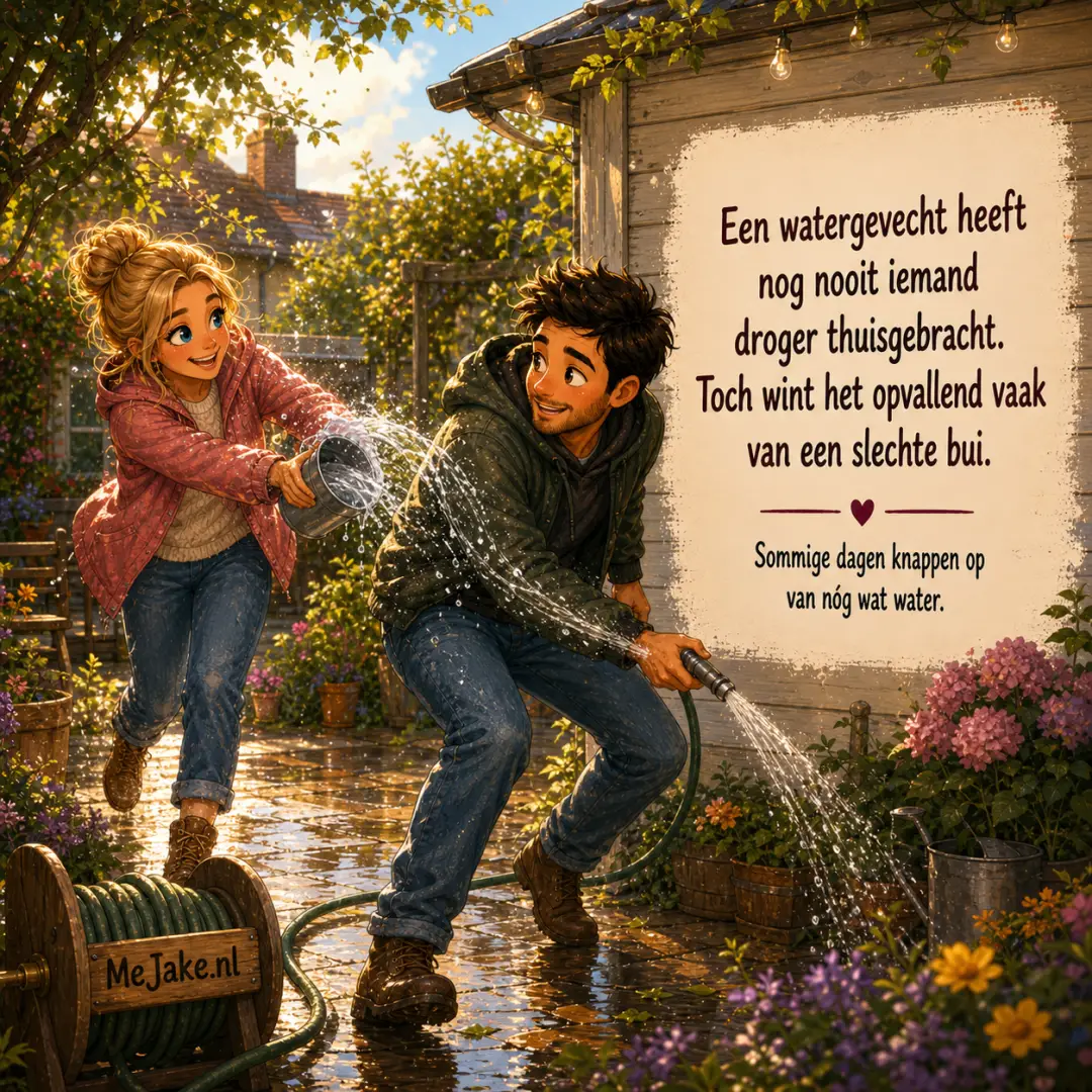 Illustratie bij de quote: Een watergevecht heeft nog nooit iemand droger thuisgebracht. Toch wint het opvallend vaak van een slechte bui.
