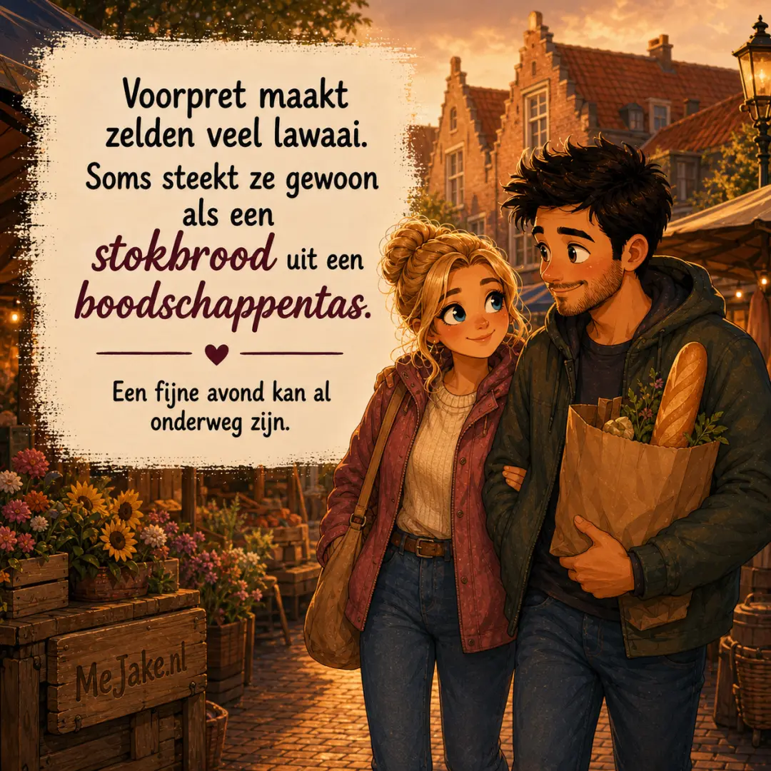 Illustratie bij de quote: Voorpret maakt zelden veel lawaai. Soms steekt ze gewoon als een stokbrood uit een boodschappentas.