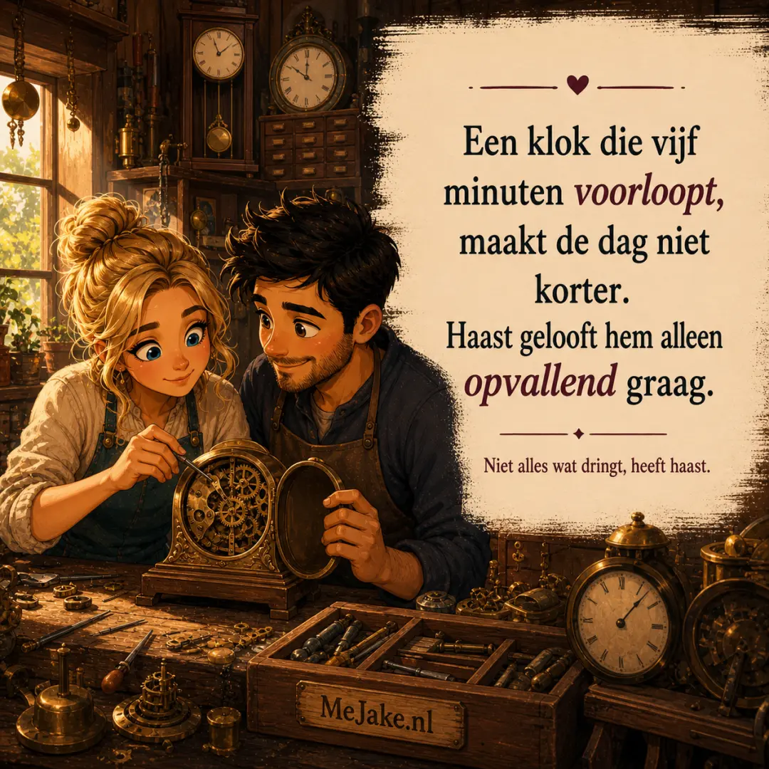 Illustratie bij de quote: Een klok die vijf minuten voorloopt, maakt de dag niet korter. Haast gelooft hem alleen opvallend graag.