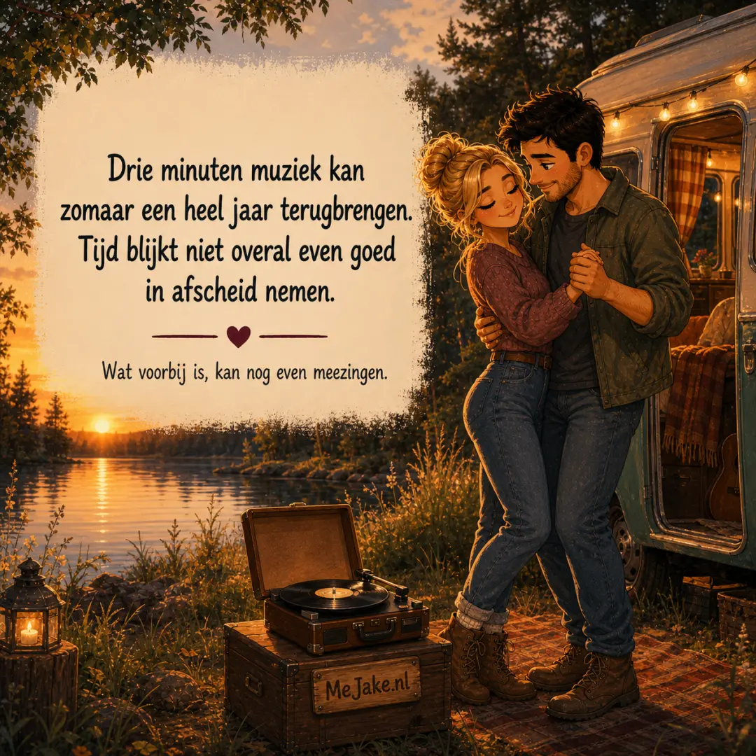 Illustratie bij de quote: Drie minuten muziek kan zomaar een heel jaar terugbrengen. Tijd blijkt niet overal even goed in afscheid nemen.