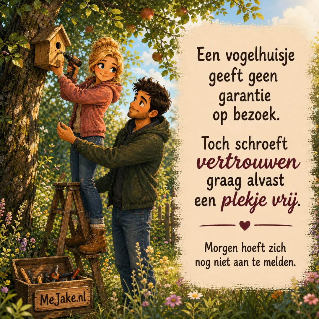 Illustratie bij de quote: Een vogelhuisje geeft geen garantie op bezoek. Toch schroeft vertrouwen graag alvast een plekje vrij.