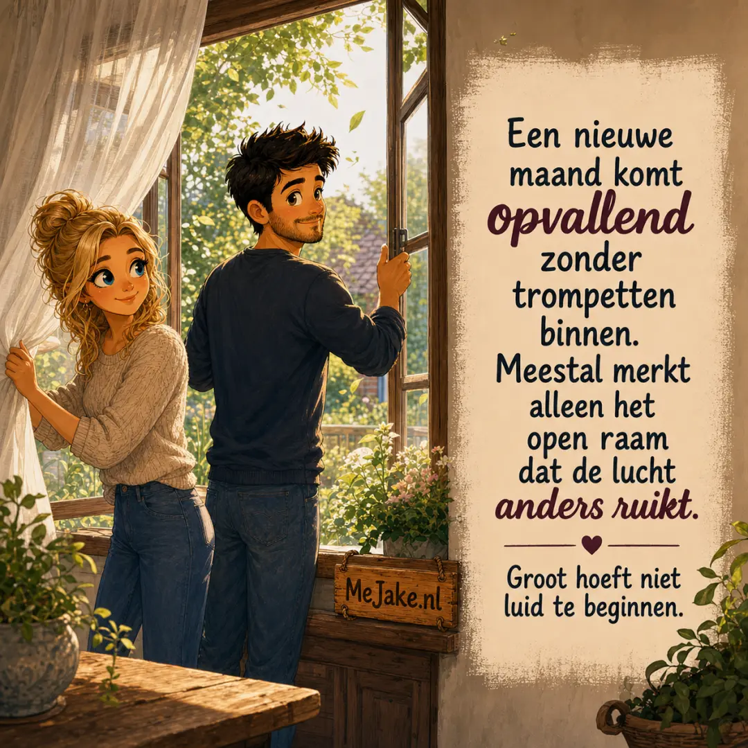 Illustratie bij de quote: Een nieuwe maand komt opvallend zonder trompetten binnen. Meestal merkt alleen het open raam dat de lucht anders ruikt.