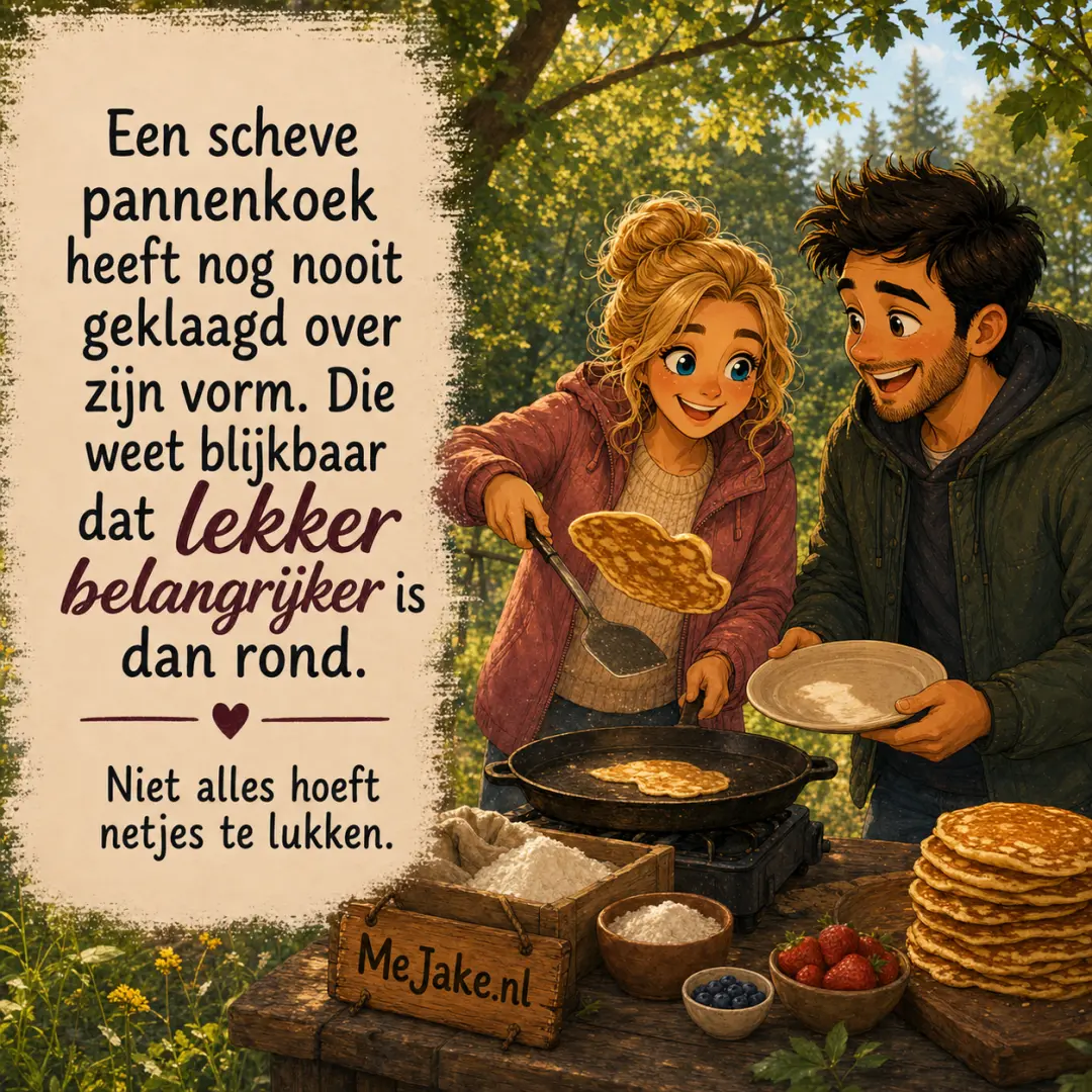 Illustratie bij de quote: Een scheve pannenkoek heeft nog nooit geklaagd over zijn vorm. Die weet blijkbaar dat lekker belangrijker is dan rond.