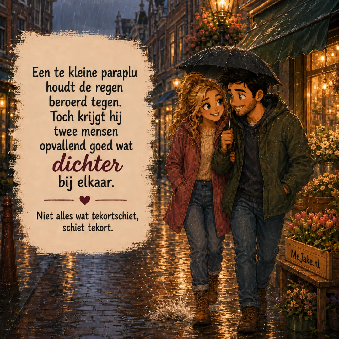 Illustratie bij de quote: Een te kleine paraplu houdt de regen beroerd tegen. Toch krijgt hij twee mensen opvallend goed wat dichter bij elkaar.