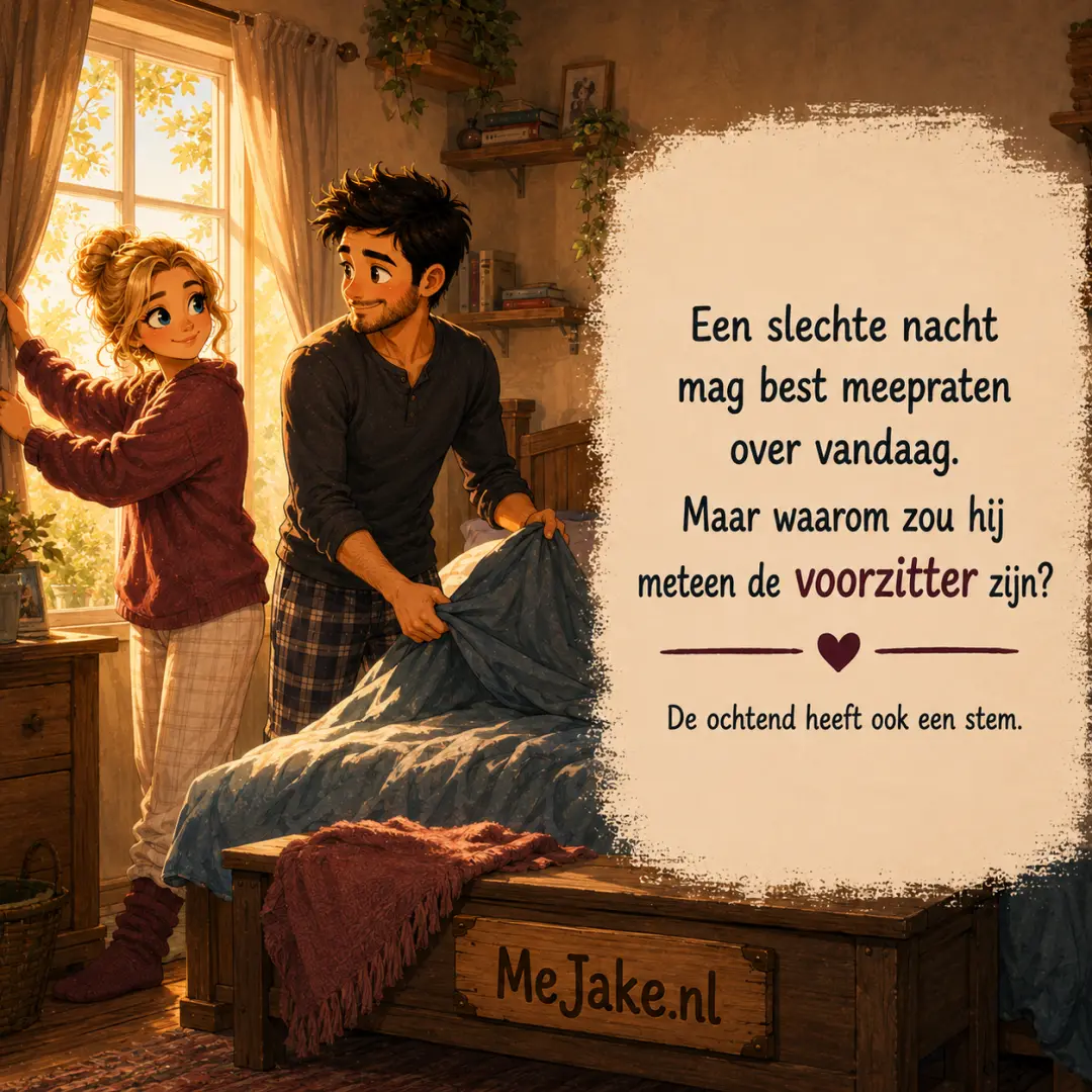 Illustratie bij de quote: Een slechte nacht mag best meepraten over vandaag. Maar waarom zou hij meteen de voorzitter zijn?