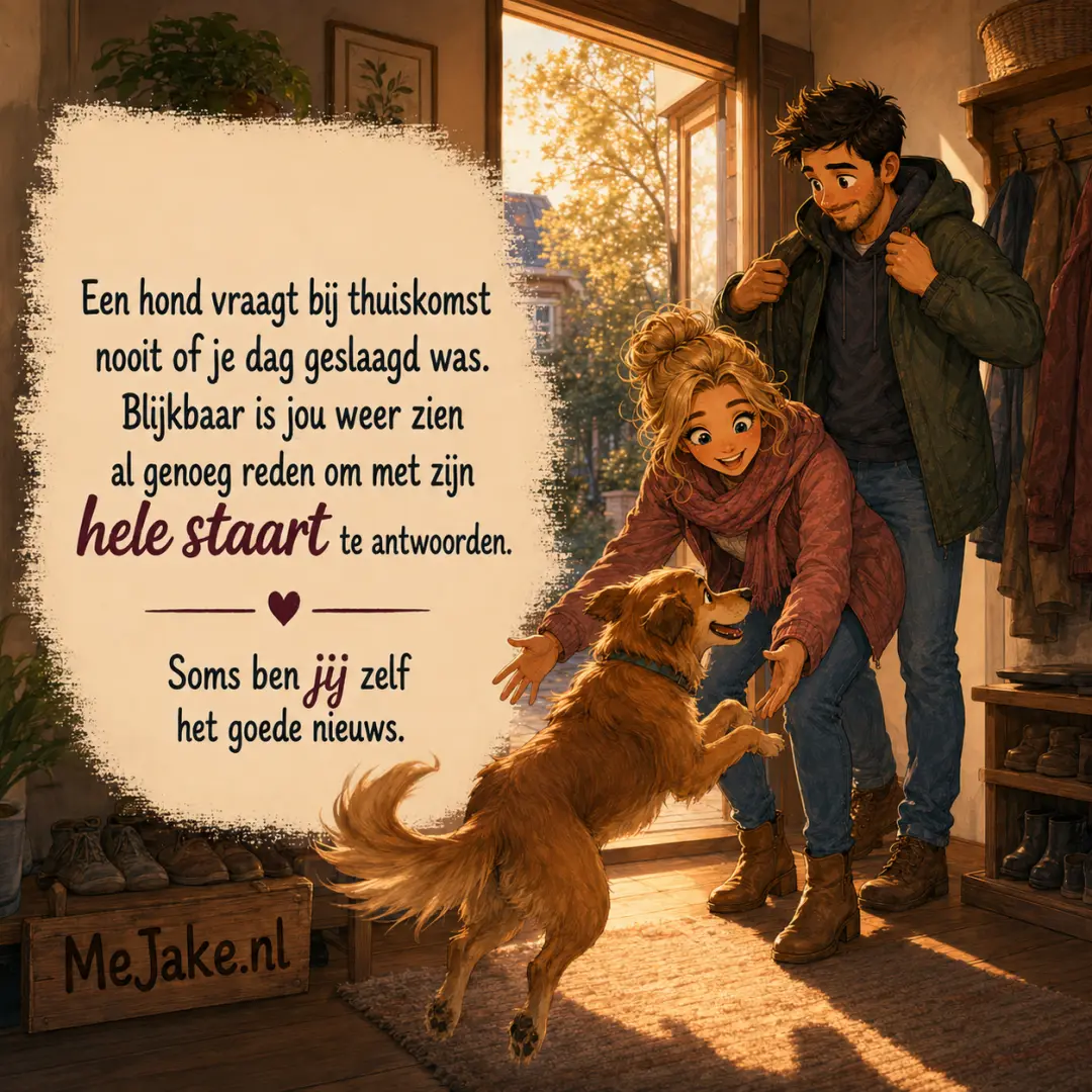 Illustratie bij de quote: Een hond vraagt bij thuiskomst nooit of je dag geslaagd was. Blijkbaar is jou weer zien al genoeg reden om met zijn hele staart te antwoorden.