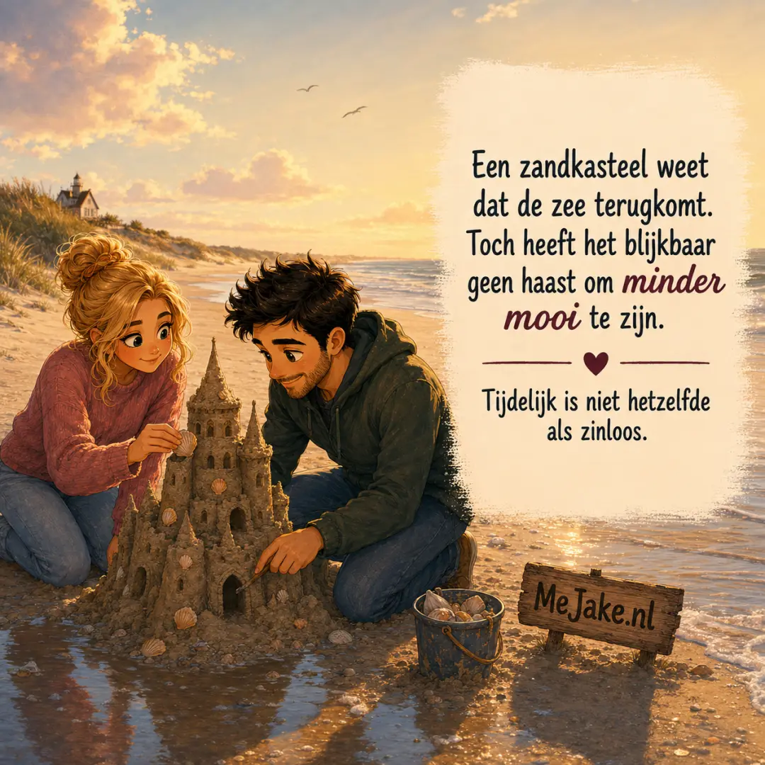Illustratie bij de quote: Een zandkasteel weet dat de zee terugkomt. Toch heeft het blijkbaar geen haast om minder mooi te zijn.