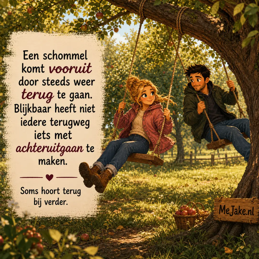 Illustratie bij de quote: Een schommel komt vooruit door steeds weer terug te gaan. Blijkbaar heeft niet iedere terugweg iets met achteruitgaan te maken.