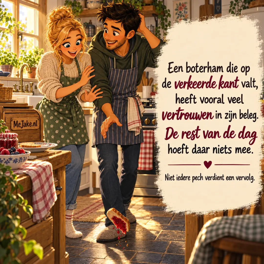 Illustratie bij de quote: Een boterham die op de verkeerde kant valt, heeft vooral veel vertrouwen in zijn beleg. De rest van de dag hoeft daar niets mee.