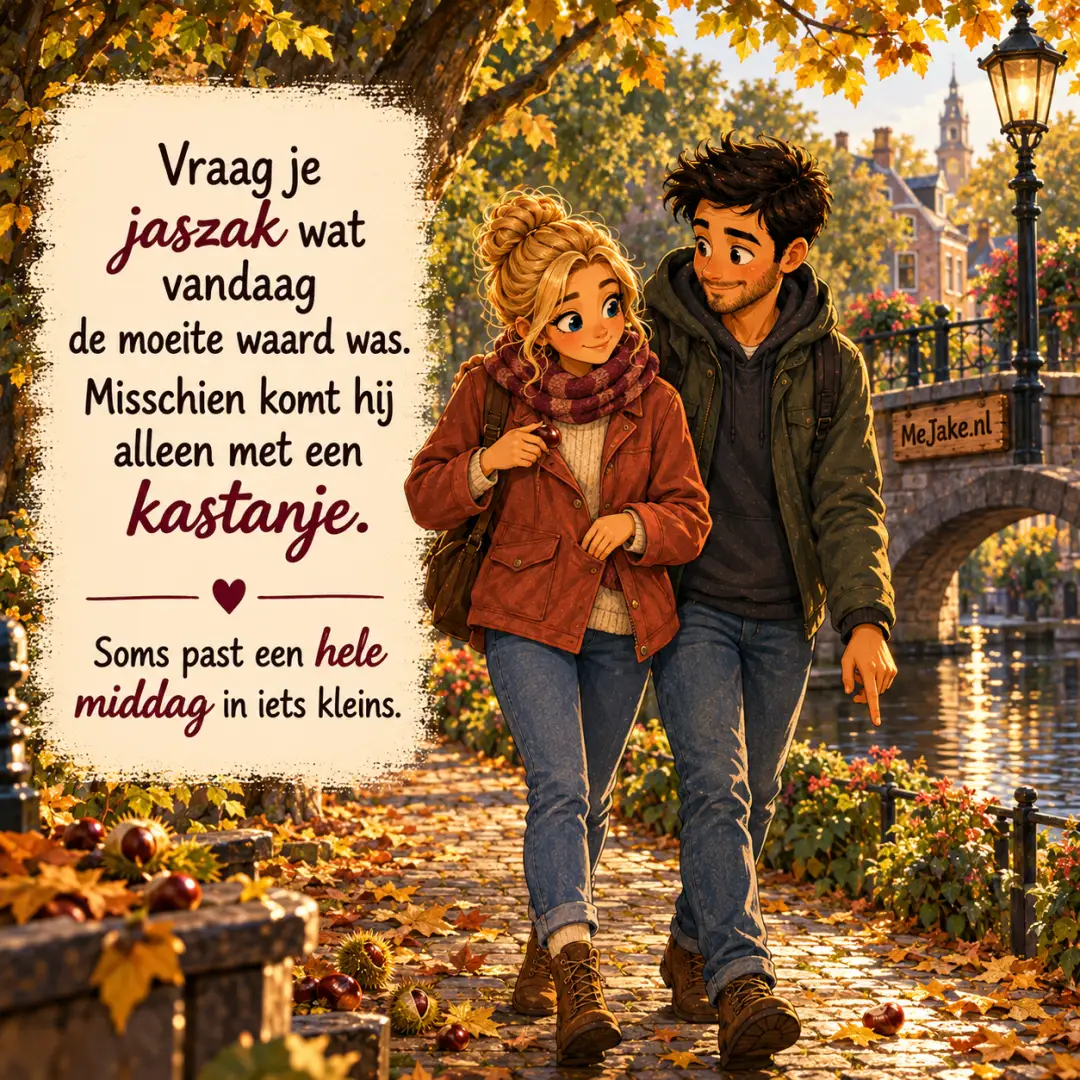 Illustratie bij de quote: Vraag je jaszak wat vandaag de moeite waard was. Misschien komt hij alleen met een kastanje.