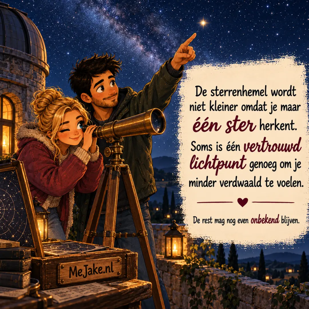 Illustratie bij de quote: De sterrenhemel wordt niet kleiner omdat je maar één ster herkent. Soms is één vertrouwd lichtpunt genoeg om je minder verdwaald te voelen.