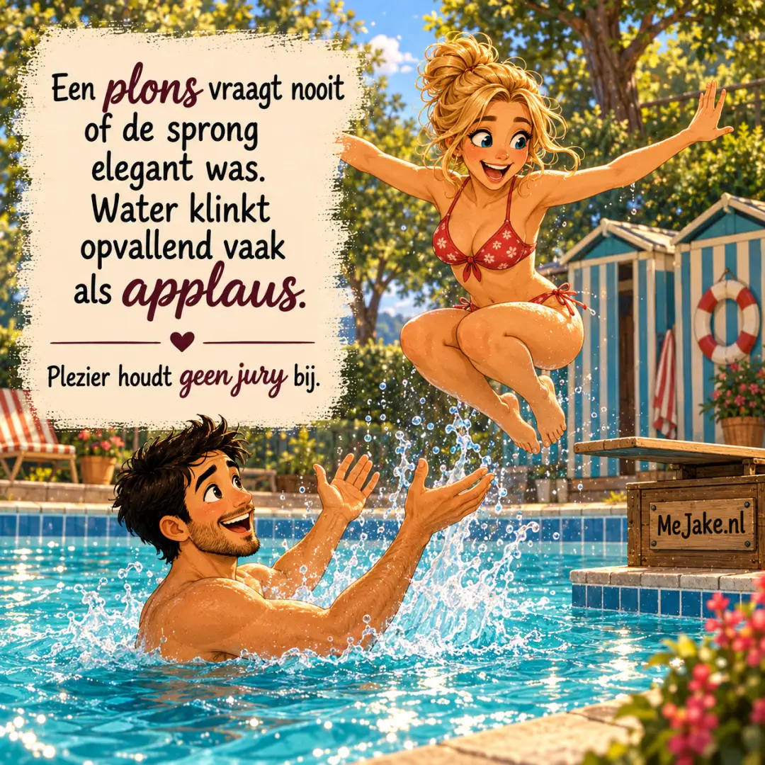 Illustratie bij de quote: Een plons vraagt nooit of de sprong elegant was. Water klinkt opvallend vaak als applaus.