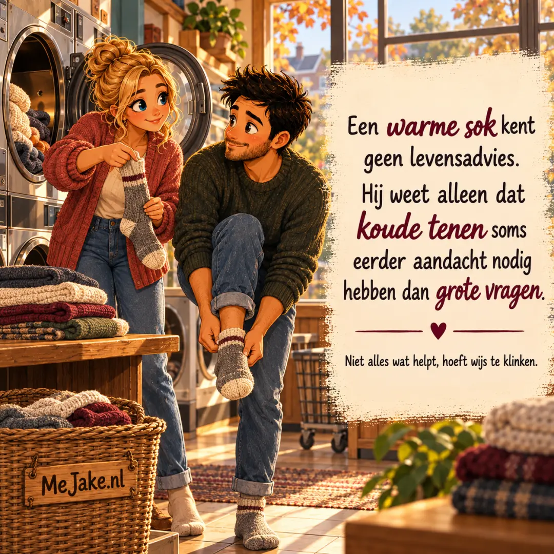 Illustratie bij de quote: Een warme sok kent geen levensadvies. Hij weet alleen dat koude tenen soms eerder aandacht nodig hebben dan grote vragen.