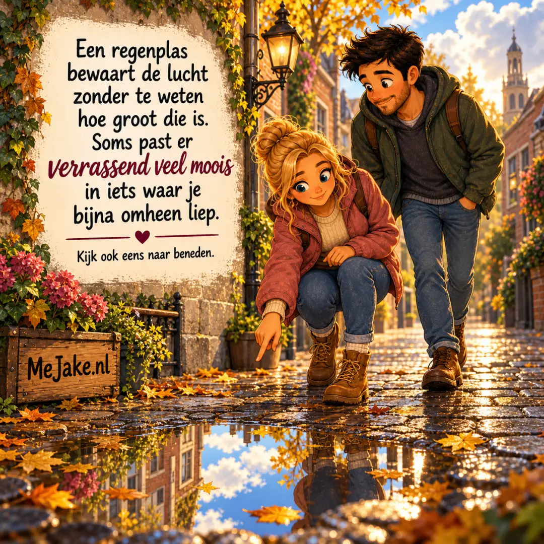 Illustratie bij de quote: Een regenplas bewaart de lucht zonder te weten hoe groot die is. Soms past er verrassend veel moois in iets waar je bijna omheen liep.