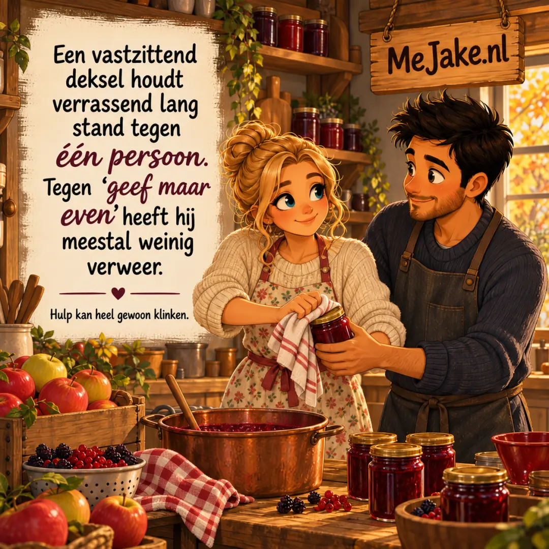 Illustratie bij de quote: Een vastzittend deksel houdt verrassend lang stand tegen één persoon. Tegen ‘geef maar even’ heeft hij meestal weinig verweer.