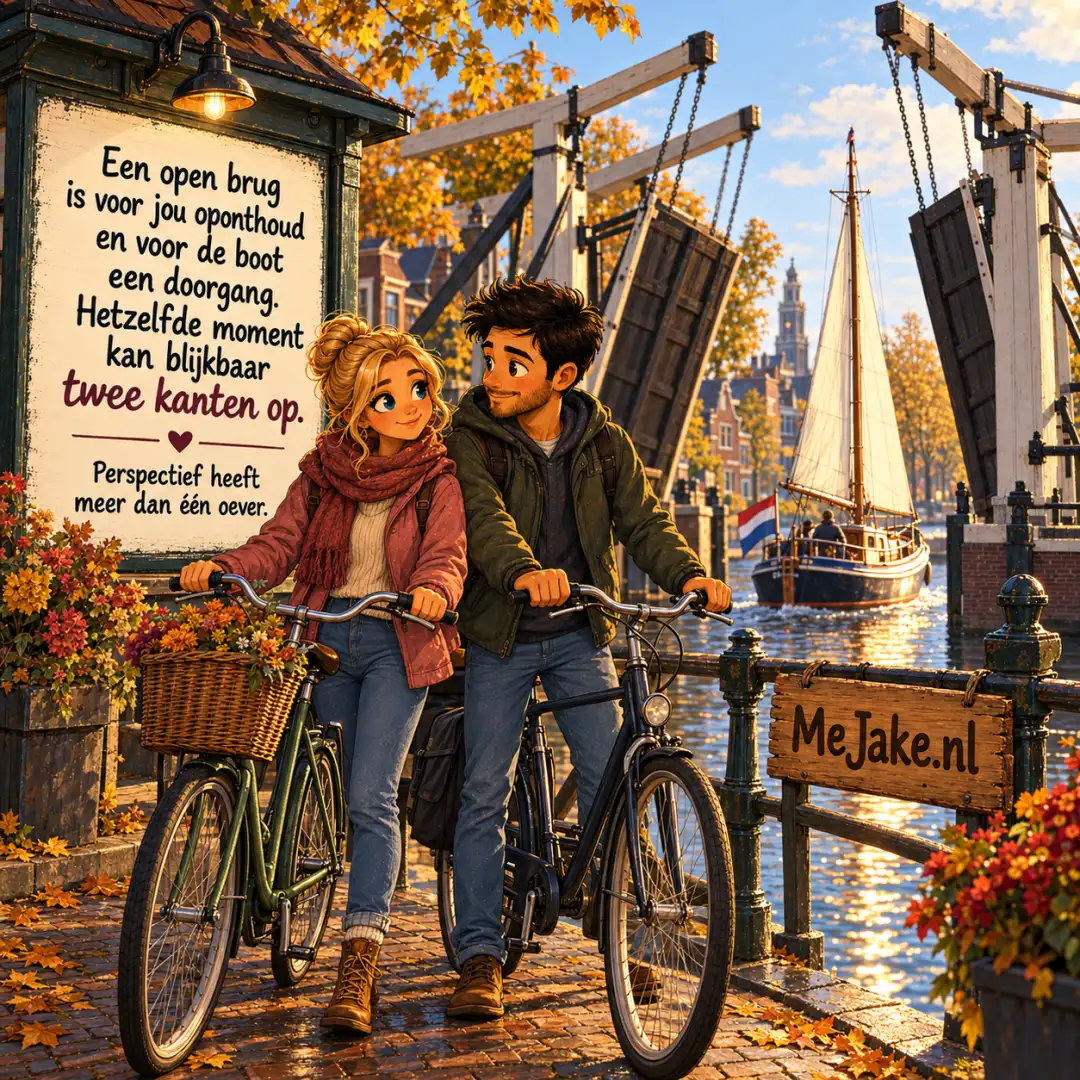 Illustratie bij de quote: Een open brug is voor jou oponthoud en voor de boot een doorgang. Hetzelfde moment kan blijkbaar twee kanten op.