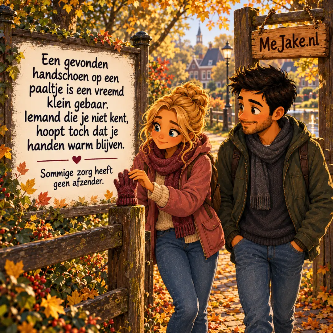Illustratie bij de quote: Een gevonden handschoen op een paaltje is een vreemd klein gebaar. Iemand die je niet kent, hoopt toch dat je handen warm blijven.