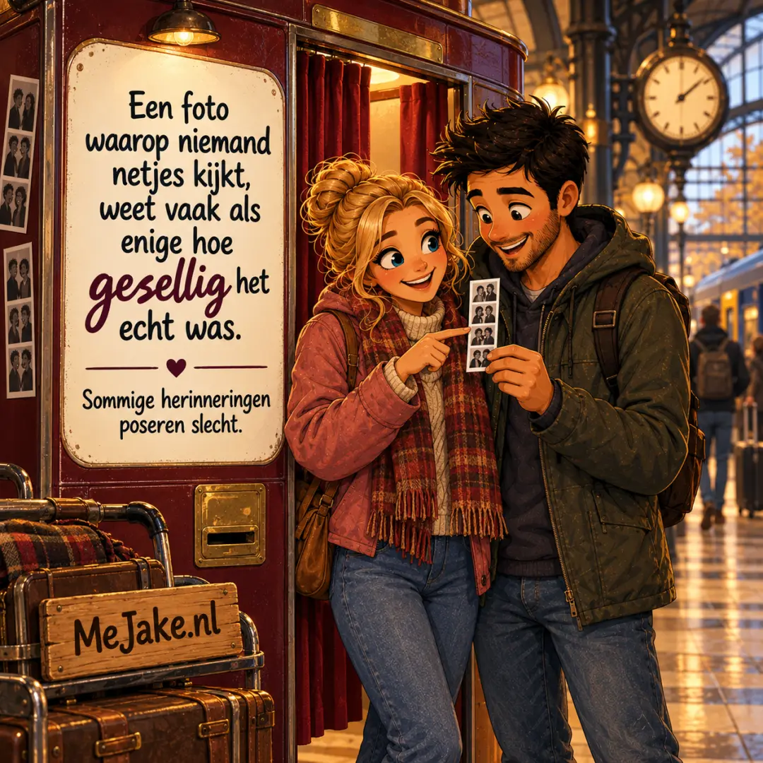Illustratie bij de quote: Een foto waarop niemand netjes kijkt, weet vaak als enige hoe gezellig het echt was.